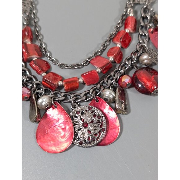 Red Shell Gray Metallic Layered Statement Necklace Boho Whimsigoth Y2K 19" - Picture 3 of 8
